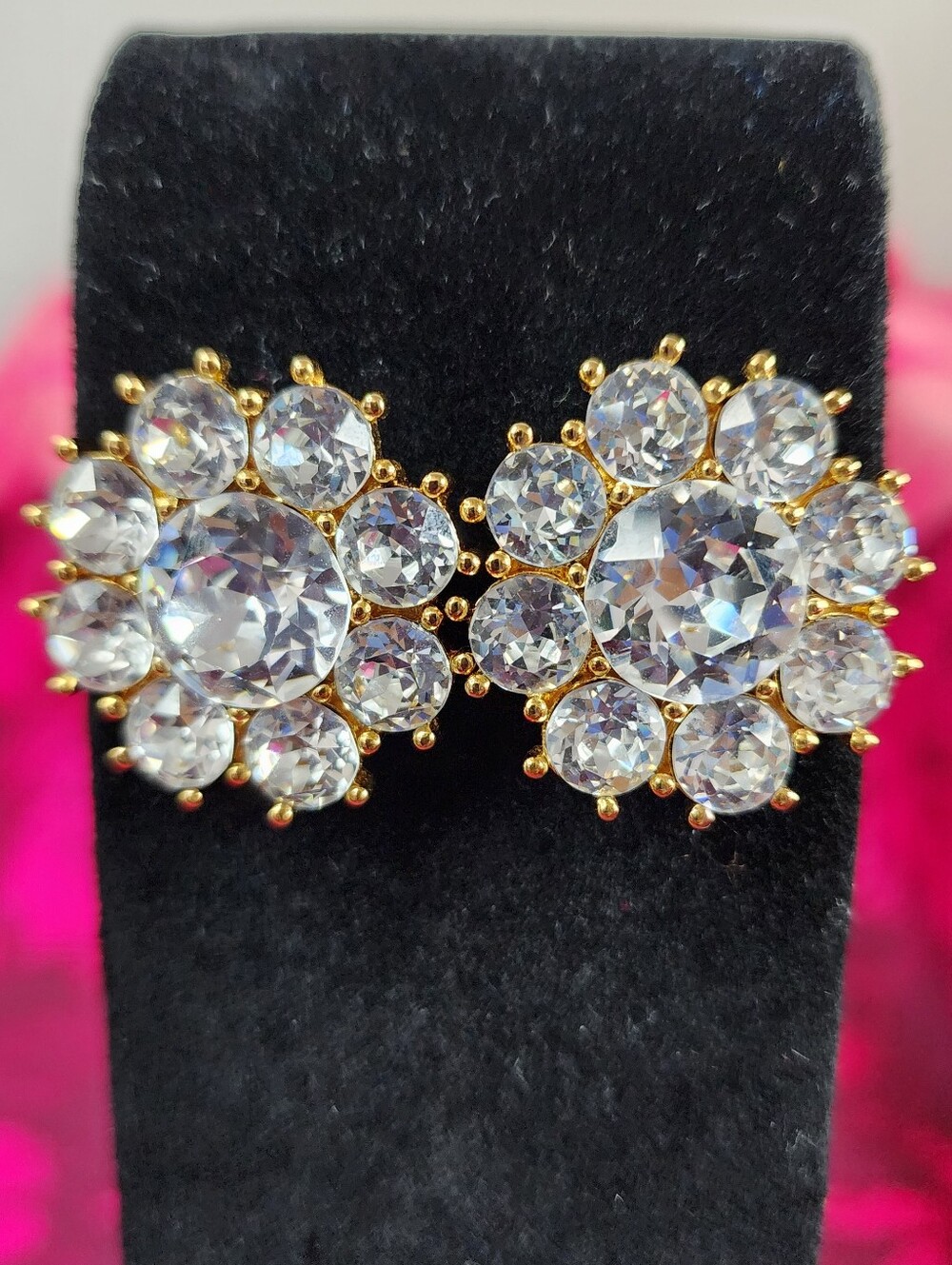 Signed Napier Crystal Flowerburst Cluster Stud Earrings.